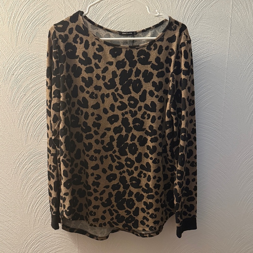 Pink Clover Animal Print knit shirt with faux button back